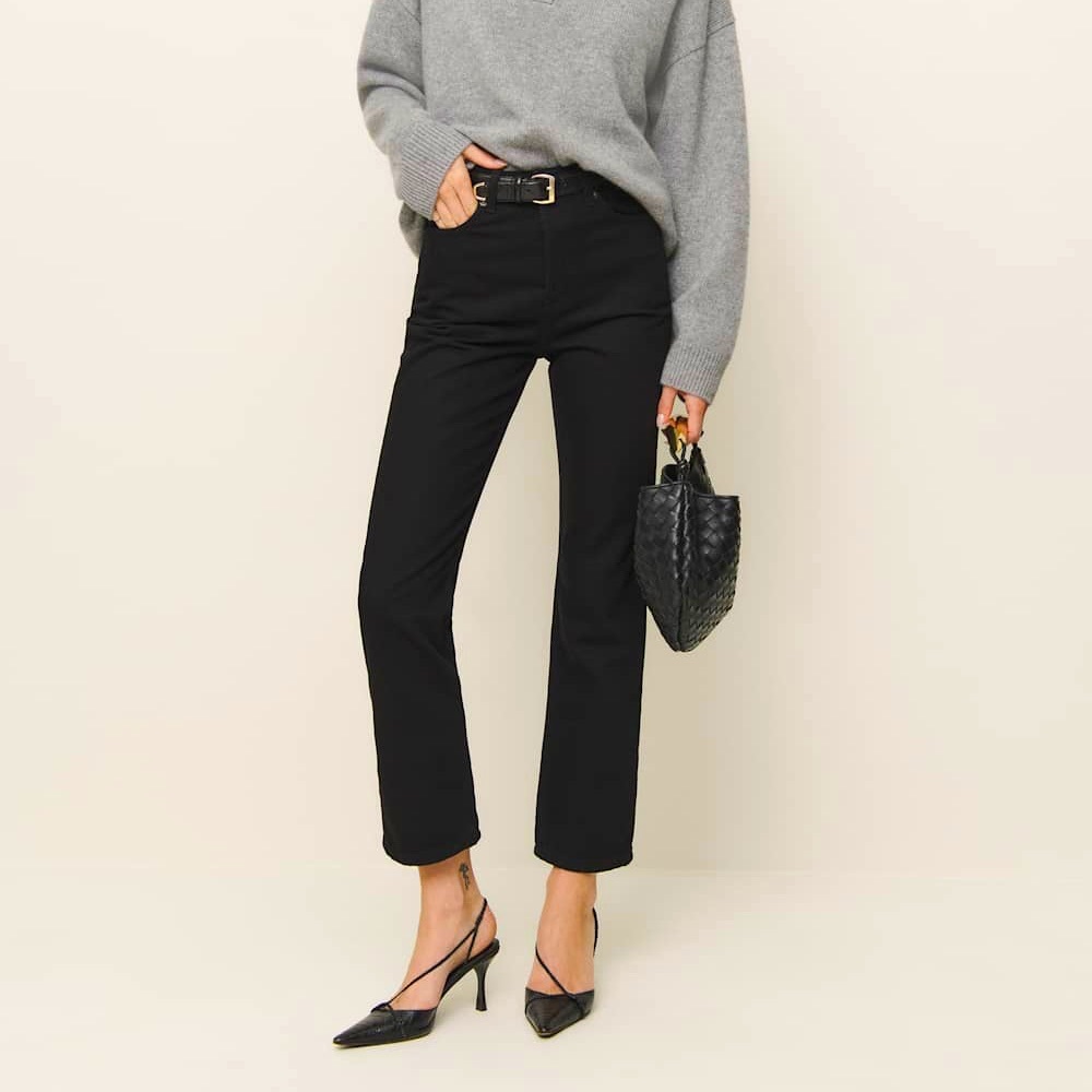 Reformation High Rise Straight Cropped Jeans Wash Black 24p